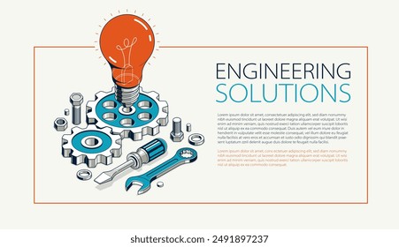 Innovation, invention and solution advertising banner, light bulb with gears vector 3D isometric illustration or icon, technology and technics, mechanical engineering.