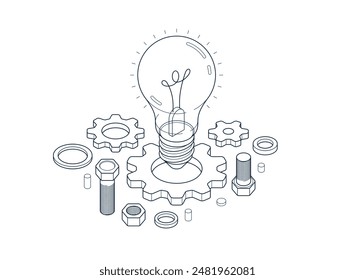 Innovation, invention and solution concept, light bulb with gear vector 3D isometric illustration or icon, technology and technics, mechanical engineering.