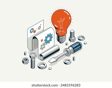 Innovation, invention and solution concept, light bulb with gear vector 3D isometric illustration or icon, technology and technics, mechanical engineering.