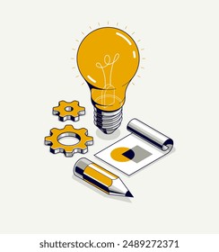 Innovation, invention and solution concept, light bulb with gear vector 3D isometric illustration or icon, technology and technics, mechanical engineering.