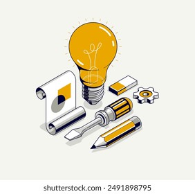 Innovation, invention and solution concept, light bulb with gear vector 3D isometric illustration or icon, technology and technics, mechanical engineering.