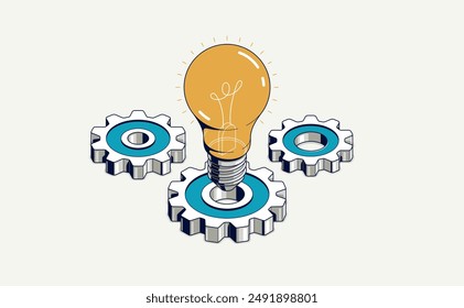 Innovation, invention and solution concept, light bulb with gear vector 3D isometric illustration or icon, technology and technics, mechanical engineering.