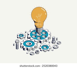 Innovation, invention and solution concept, light bulb with gear vector 3D isometric illustration or icon, technology and technics, mechanical engineering.