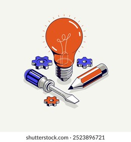 Innovation, invention and solution concept, light bulb with gear vector 3D isometric illustration or icon, technology and technics, mechanical engineering.