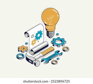 Innovation, invention and solution concept, light bulb with gear vector 3D isometric illustration or icon, technology and technics, mechanical engineering.