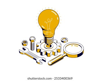 Innovation, invention and solution concept, light bulb with gear vector 3D isometric illustration or icon, technology and technics, mechanical engineering.