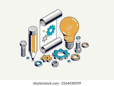 Innovation, invention and solution concept, light bulb with gear vector 3D isometric illustration or icon, technology and technics, mechanical engineering.