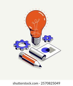 Innovation, invention and solution concept, light bulb with gear vector 3D isometric illustration or icon, technology and technics, mechanical engineering.