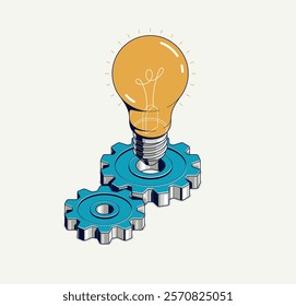 Innovation, invention and solution concept, light bulb with gear vector 3D isometric illustration or icon, technology and technics, mechanical engineering.