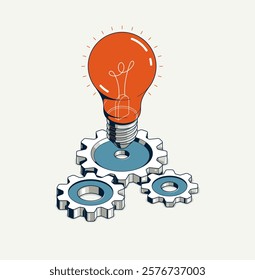 Innovation, invention and solution concept, light bulb with gear vector 3D isometric illustration or icon, technology and technics, mechanical engineering.