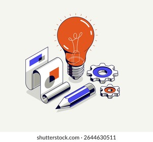 Innovation, invention and solution concept, light bulb with gear vector 3D isometric illustration or icon, technology and technics, mechanical engineering.