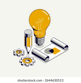 Innovation, invention and solution concept, light bulb with gear vector 3D isometric illustration or icon, technology and technics, mechanical engineering.