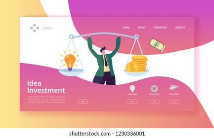 Innovation Investment Landing Page. Invest in Idea Banner with Flat Man Character and Weights with Money and Light Bulb Website Template. Easy Edit and Customize. Vector illustration