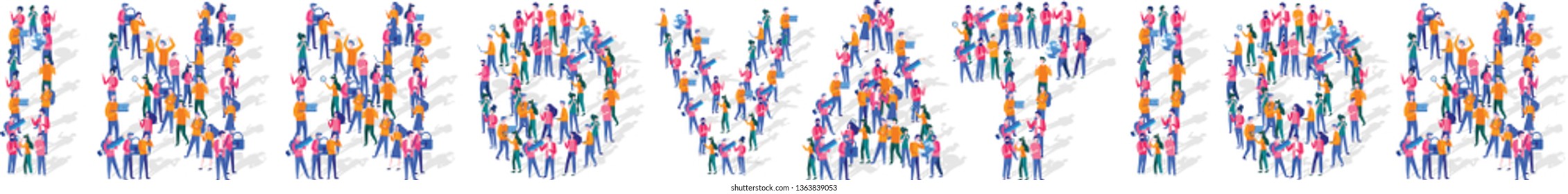 Innovation Isometric Vector Concept, Group of business people are gathered together in the shape of Innovation word, for web page, banner, presentation, social media, Crowd of little people. 
