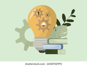 Inovação Conhecimento Aprendizagem Crescimento Negócios. Lâmpada com engrenagens, livros empilhados e plantas simbolizando inovação, aquisição de conhecimento e crescimento empresarial sustentável. Pegada de carbono. Vetor 
