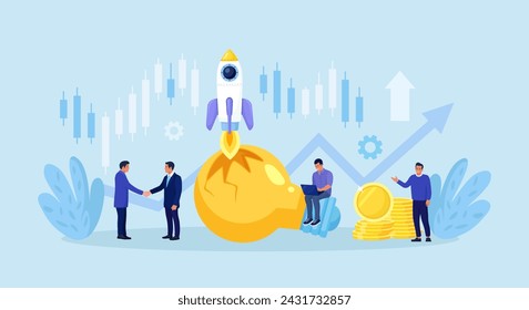 Innovation to launch new idea. Businessman think and develop new project, organize and launch innovation product. Startup or start new company. Innovative rocket flying from broken light bulb