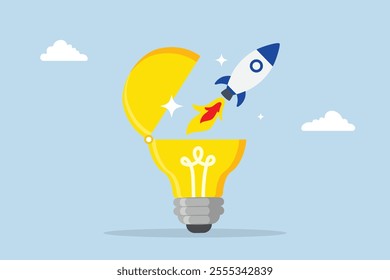 Innovation to launch new idea, creative rocket launch soaring high from the bright illumination of a brilliant idea. 