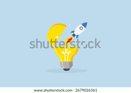 Innovation to launch new idea, creative rocket launch soaring high from the bright illumination of a brilliant idea. 