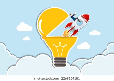 Innovation to launch new idea, entrepreneurship creativity to begin business or breakthrough idea concept, innovative rocket launch flying high from opening bright lightbulb idea. paper cut style