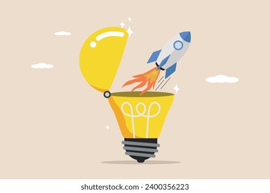 Innovation to launch a new idea, entrepreneurship or startup, creativity to start a business, launch of an innovative rocket flying high from the opening of a bright light bulb idea.