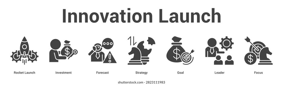 Innovation Launch web banner icon set vector illustration concept for business with icon of Rocket Launch, Investment, Forecast, Strategy, Go.