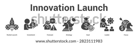 Innovation Launch web banner icon set vector illustration concept for business with icon of Rocket Launch, Investment, Forecast, Strategy, Go.