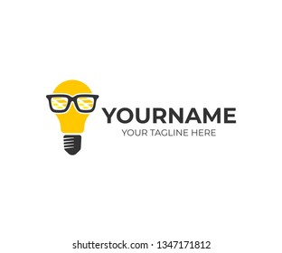 Innovation, light bulb in glasses nerd or geek, logo design. Inspiration, technology, innovative developments and discoveries, vector design and illustration