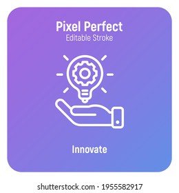 Innovation: lightbulb with cogwheel in human hand. Thin line icon. Pixel perfect, editable stroke. Vector illustration.