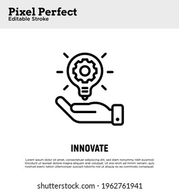 Innovation: Lightbulb With Cogwheel In Human Hand. Thin Line Icon. Pixel Perfect, Editable Stroke. Vector Illustration.