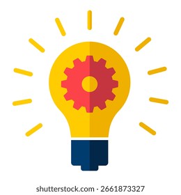 Innovation Lightbulb with Gear Icon Vector Illustration. A yellow lightbulb with a red gear symbol in the center, symbolizing innovation, technology and engineering ideas.