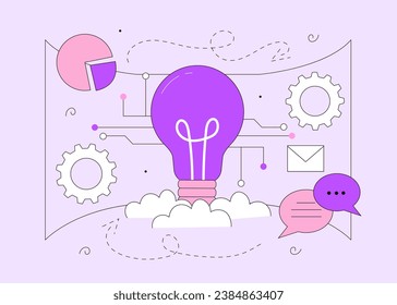 Konzept der Innovationslinie. Glühbirne in Wolke. Moderne Technologien, Geschäftsprojekte und Start-ups. Idee und Einsicht, Brainstorming. Lineare flache Vektorgrafik einzeln auf violettem Hintergrund