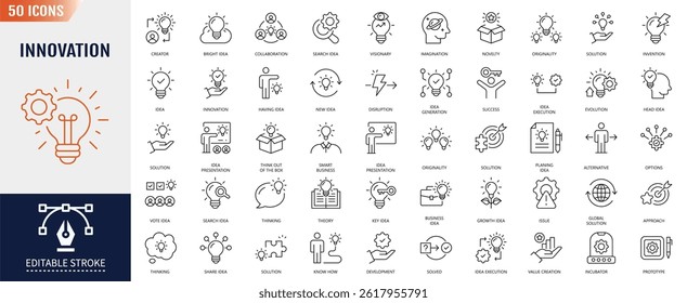 Innovation line editable icon set. Containing creativity, invention, prototype, visionary, idea generation, agile, revolution and more. Vector illustration