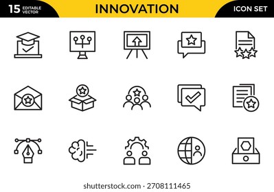 Conjunto de iconos de línea de innovación. Contiene idea, invención, creatividad, concepto, startup, ágil, prototipo, proceso, visionario y más. Paquete de iconos de contorno delgado. Ilustración vectorial