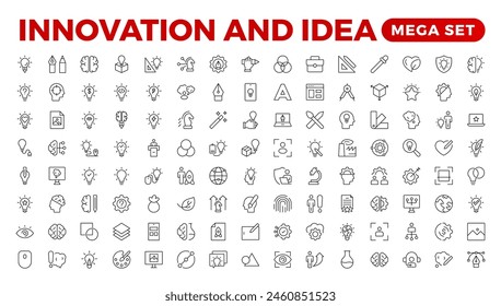 Colección de iconos de línea de innovación. Tecnología, creatividad, íconos. Conjunto de iconos de IU. Paquete de contorno fino. Idea Idea creativa, lluvia de ideas, solución, pensamiento e innovación Bombilla con icono de contorno cerebral.