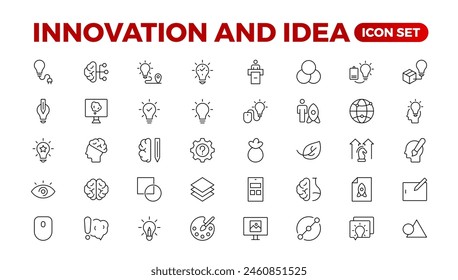 Innovation line icons collection. Technology, creative, icons. UI icon set. Thin outline pack. Idea Creative idea, brainstorming, solution, thinking and innovation Lightbulb with brain outline icon.