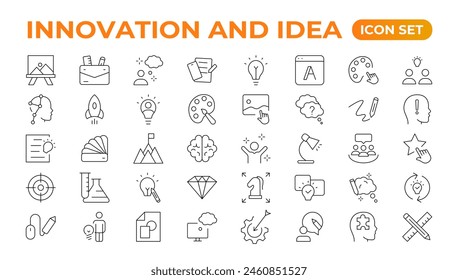 Innovation line icons collection. Technology, creative, icons. UI icon set. Thin outline pack. Idea Creative idea, brainstorming, solution, thinking and innovation Lightbulb with brain outline icon.