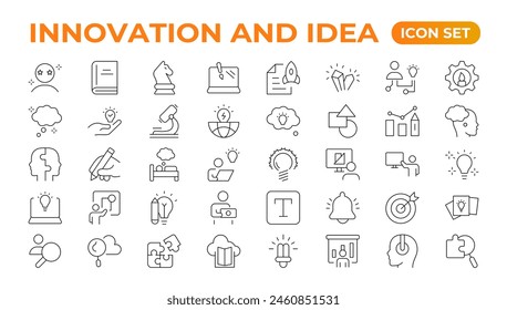 Innovation line icons collection. Technology, creative, icons. UI icon set. Thin outline pack. Idea Creative idea, brainstorming, solution, thinking and innovation Lightbulb with brain outline icon.