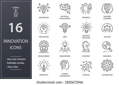 Innovation line icons. Set of development, science, technology, creativity, success and more. Editable stroke.