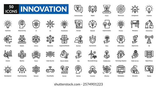 Innovation linear icon collection set. includes innovation, concept, technology, business, idea, digital, information, solution, network, future, industry