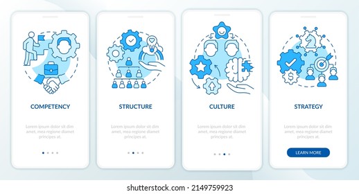 Innovation management backbones blue onboarding mobile app screen. Walkthrough 4 steps graphic instructions pages with linear concepts. UI, UX, GUI template. Myriad Pro-Bold, Regular fonts used