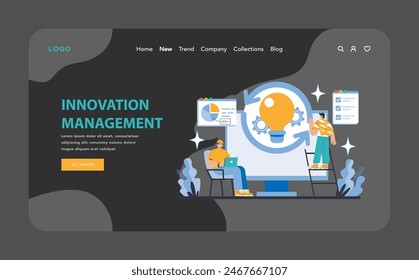 Web oder Zielseite für das Innovationsmanagement im Nacht- oder Dunkelmodus. Visualisierung der Ideenfindung und Projektentwicklung mit Fokus auf kreative Lösungen und analytische Planung. Vektorillustration.