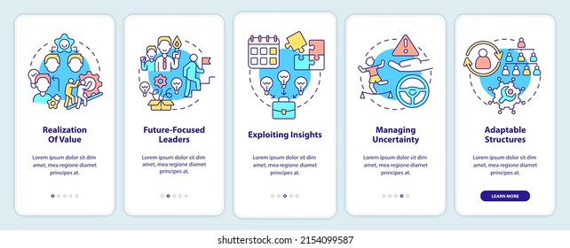Principios de gestión de la innovación a bordo de la pantalla de aplicaciones móviles. Recorrido 5 pasos de páginas de instrucciones gráficas con conceptos lineales. UI, UX, plantilla GUI. Multitud de tipos de letra Pro-Bold, con uso regular
