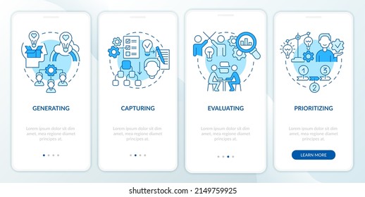 Proceso de gestión de la innovación pantalla azul de aplicación móvil incorporada. Recorrido 4 pasos de páginas de instrucciones gráficas con conceptos lineales. UI, UX, plantilla GUI. Multitud de tipos de letra Pro-Bold, con uso regular