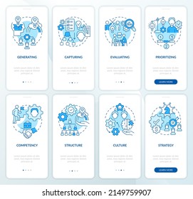 Innovation management structure blue onboarding mobile app screen set. Walkthrough 4 steps graphic instructions pages with linear concepts. UI, UX, GUI template. Myriad Pro-Bold, Regular fonts used