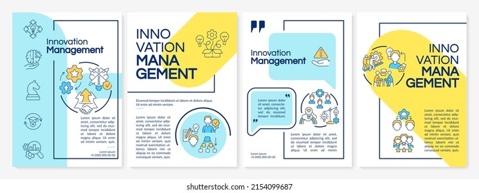 Innovation management system blue and yellow brochure template. Brainstorming. Leaflet design with linear icons. 4 vector layouts for presentation, annual reports. Questrial, Lato-Regular fonts used
