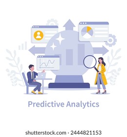 Innovation in marketing concept. Predictive analytics. Professionals utilizing big data for forecasting trends and consumer behavior. Strategic decision making, enhancing marketing precision.