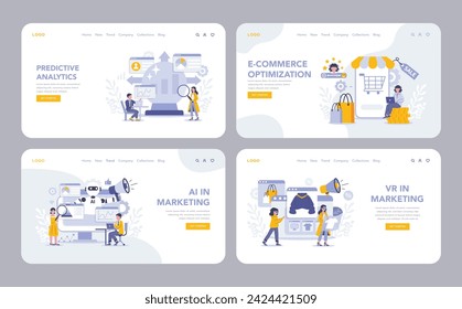 Innovation in marketing web or landing page set. Cutting-edge techniques in AI, predictive analytics, VR, and e-commerce enhancing customer journey and sales metrics. Vector illustration.