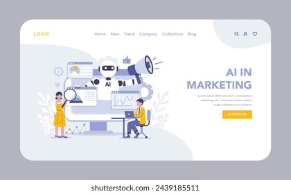 Innovación en marketing web o landing page. AI en marketing. Equipos que aprovechan la inteligencia artificial para el análisis de datos y la optimización de campañas. Los algoritmos futuristas mejoran las interacciones con los consumidores.