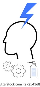 Innovation, psychische Gesundheit, Problemlösung, Hygiene, kreatives Denken, Gesundheitsbewusstsein. Kontur eines menschlichen Kopfes mit einem Blitzschlag, Zahnräder und eine Desinfektionsflasche. Innovation und geistige