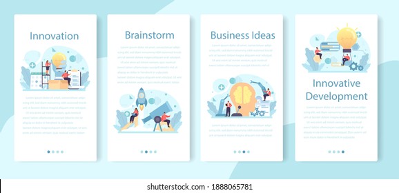 Innovation mobile application banner set. Idea of creative business solution. Modern production and marketing invention. Business mechanism development. Flat vector illustration